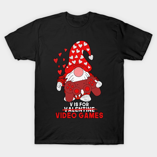 V Is For Video Games Cute Gnome Valentines Day Gamer T-Shirt by waterbrookpanders